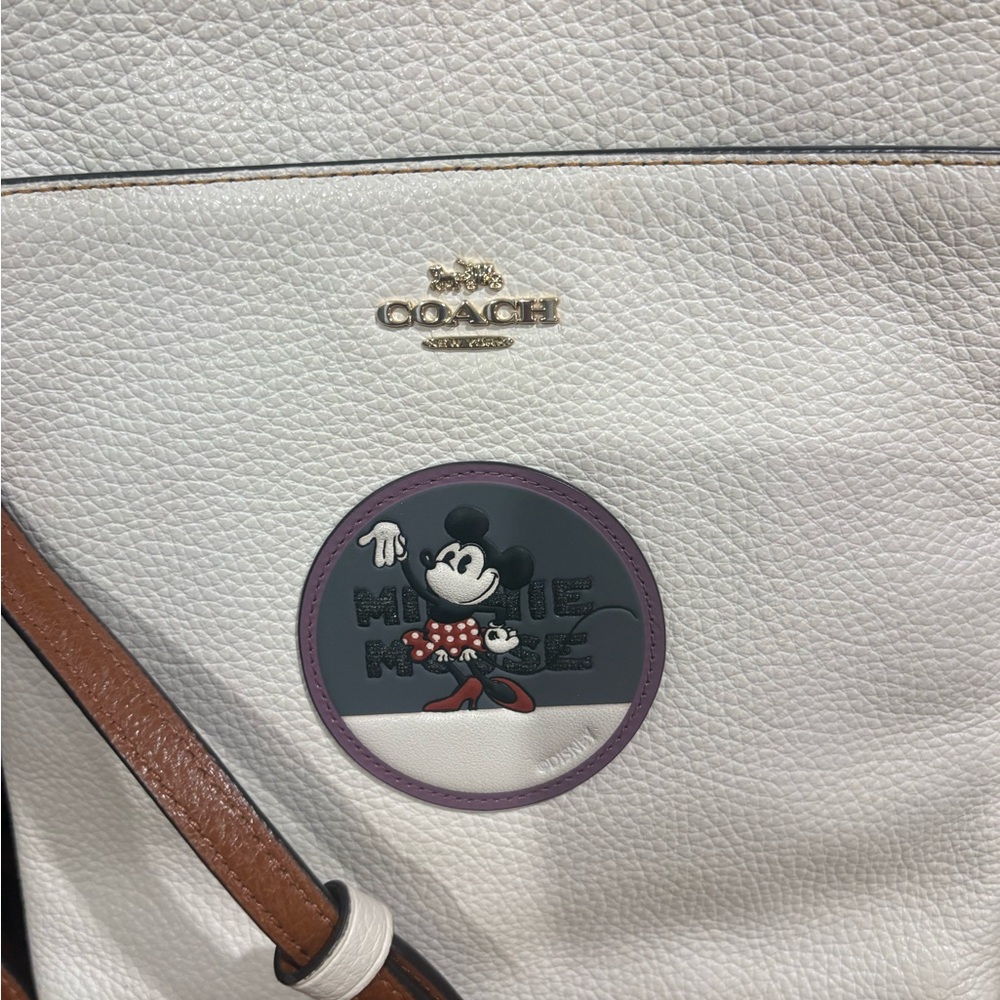Coach White Pebbled Leather Crossbody with Brown Strap and Mickey Patch - Picture 2 of 7